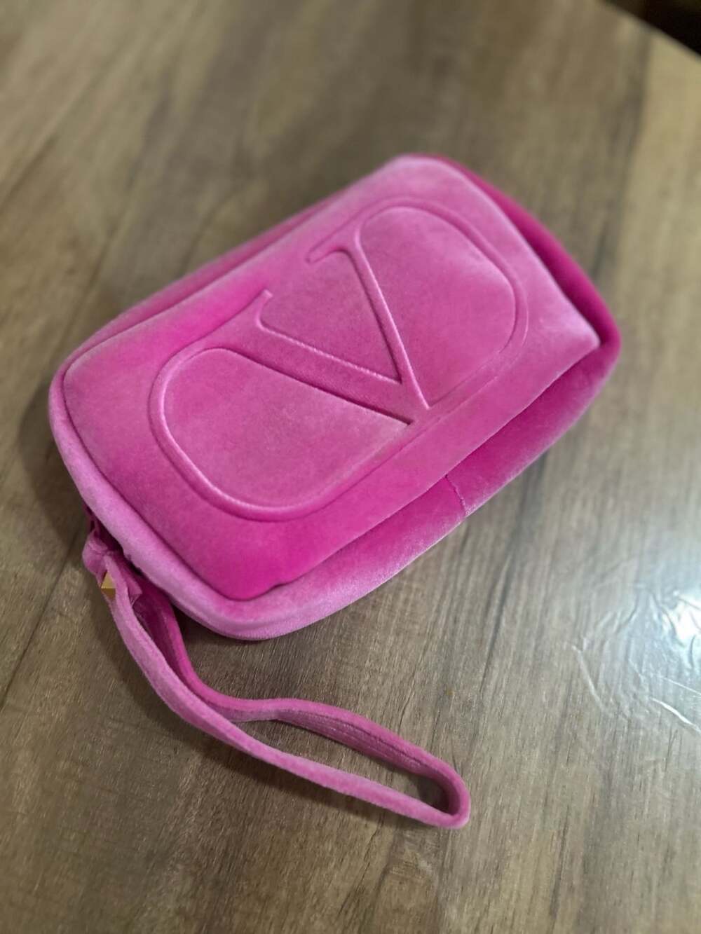 Valentino Pink Velvet Cosmetic Pouch Makeup Bag with Wristlet Strap
